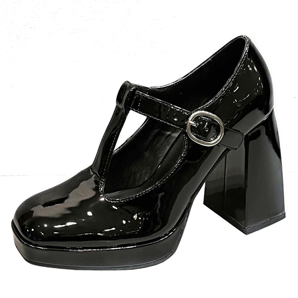 New Black Patent Mary Jane T-Strap Platform Chunky Heel Pumps - Picture 1 of 4
